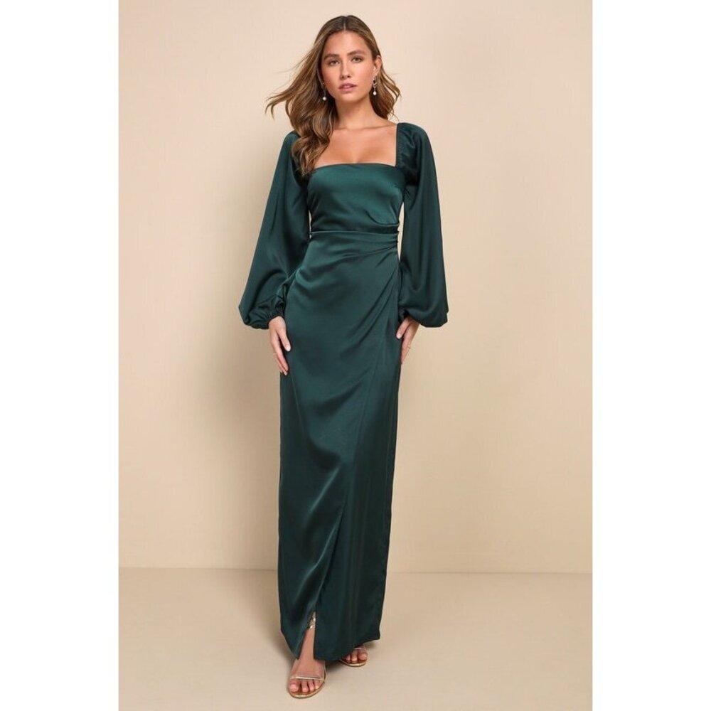 Lulus Eternal Heart Emerald Green Satin Long Sleeve Maxi Dress - Size S